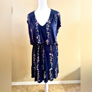Lucky brand dress, navy blue with floral print drawstring tie waist.